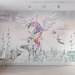Papier peint Licorne avec ailes et cheveux arc-en-ciel