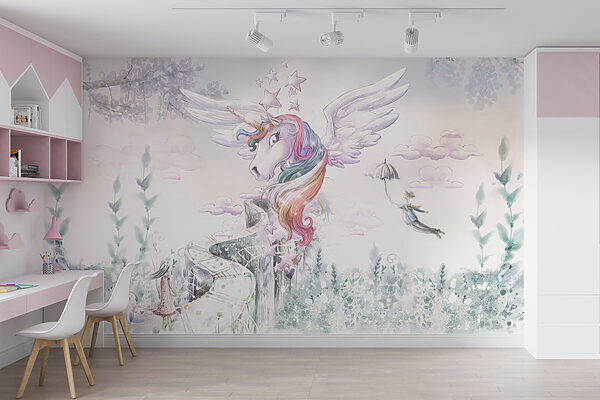 Licorne avec ailes et cheveux arc-en-ciel Papier peint Licorne avec ailes et cheveux arc-en-ciel