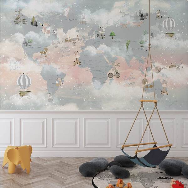 Carte du monde avec nuages et animaux Papier peint Carte du monde avec nuages et animaux