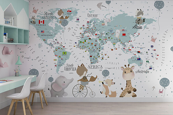 Papier peint Papier peint Carte du monde avec animaux (UGS : u99228)