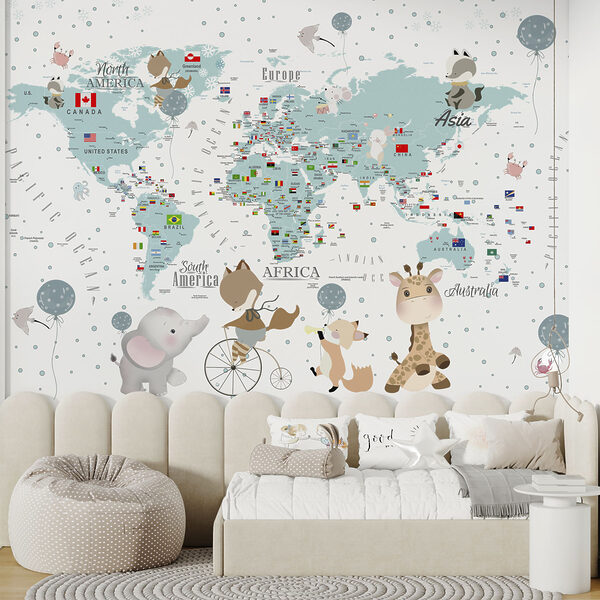 Papier peint Carte du monde avec animaux