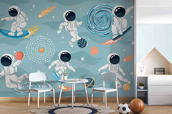 Caricature d'un astronaute sur une planche de surf Papier peint Caricature d'un astronaute sur une planche de surf