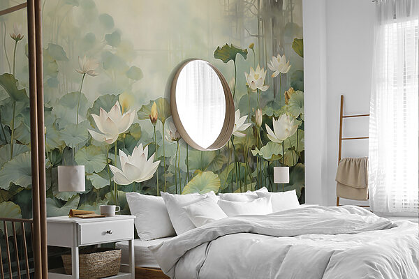 Étang serein avec des fleurs flottantes Papier peint Étang serein avec des fleurs flottantes