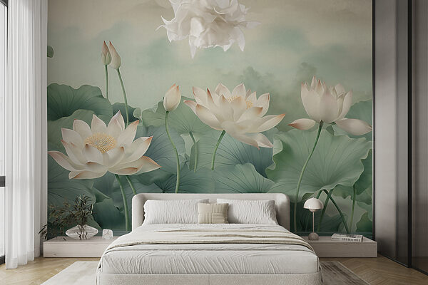Des fleurs de lotus sereines avec des feuilles luxuriantes Papier peint Des fleurs de lotus sereines avec des feuilles luxuriantes