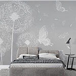Papier peint Pissenlits blancs avec papillons en vol
