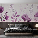 Papier peint Fleurs et feuilles violettes sur fond blanc