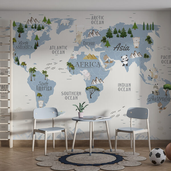 Carte du monde avec animaux et texte Papier peint Carte du monde avec animaux et texte