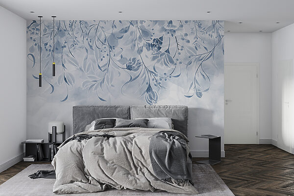 Motif floral bleu avec des feuilles tourbillonnantes. Papier peint Motif floral bleu avec des feuilles tourbillonnantes.