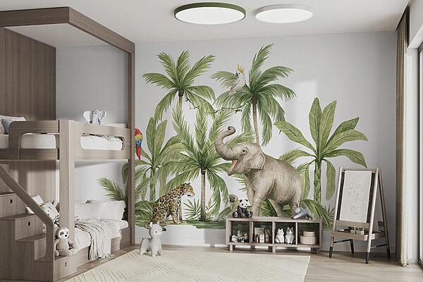 Animaux de la jungle parmi les palmiers Papier peint Animaux de la jungle parmi les palmiers