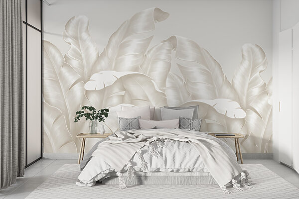 Feuilles élégantes dans des tons blancs doux Papier peint Feuilles élégantes dans des tons blancs doux