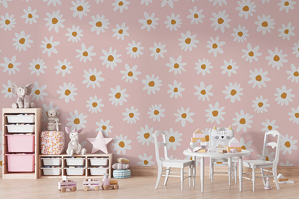 Motif de fleurs blanches sur fond rose Papier peint Motif de fleurs blanches sur fond rose