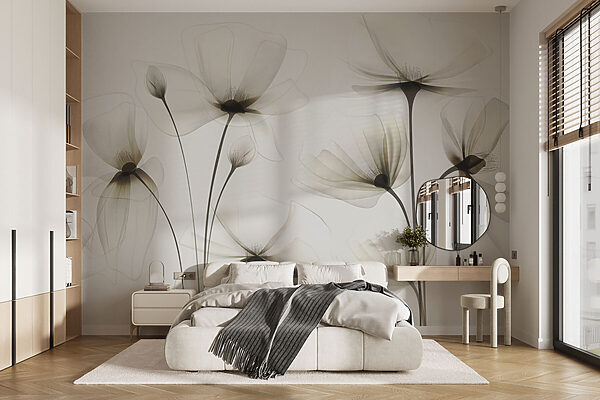 Fleurs transparentes sur fond blanc Papier peint Fleurs transparentes sur fond blanc