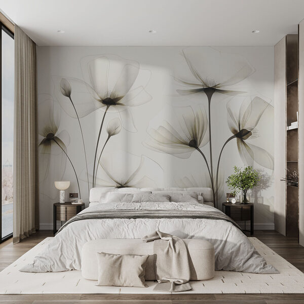 Papier peint Fleurs transparentes sur fond blanc