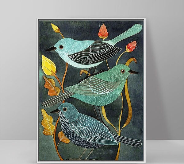 Trois oiseaux parmi des plantes colorées Tableaux Trois oiseaux parmi des plantes colorées
