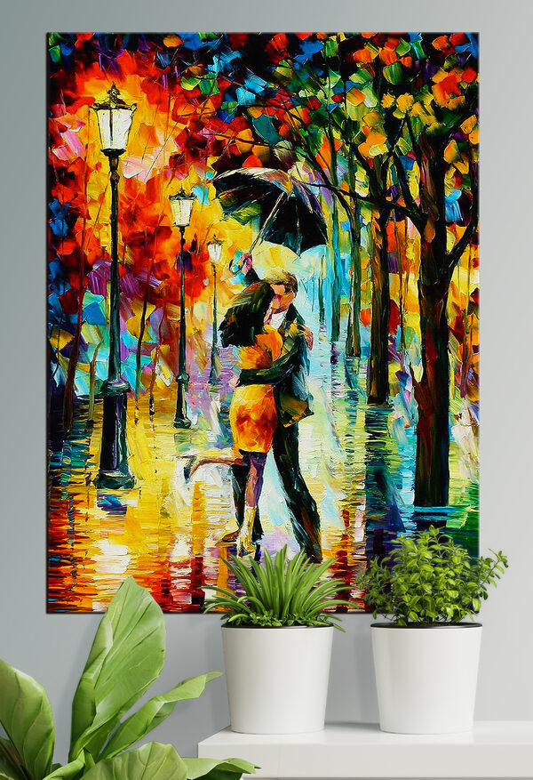 Peinture d'un couple s'embrassant sous un parapluie Tableaux Peinture d'un couple s'embrassant sous un parapluie