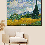 Tableaux Peinture d'un champ avec des arbres et des montagnes en arrière-plan