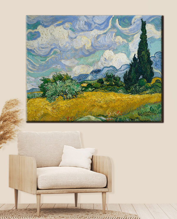Peinture d'un champ avec des arbres et des montagnes en arrière-plan Tableaux Peinture d'un champ avec des arbres et des montagnes en arrière-plan