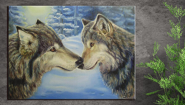 Loups se bécotant dans une forêt enneigée Tableaux Loups se bécotant dans une forêt enneigée
