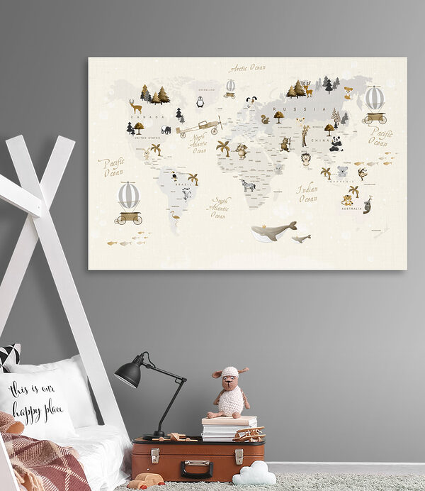 Carte du monde avec animaux Tableaux Carte du monde avec animaux