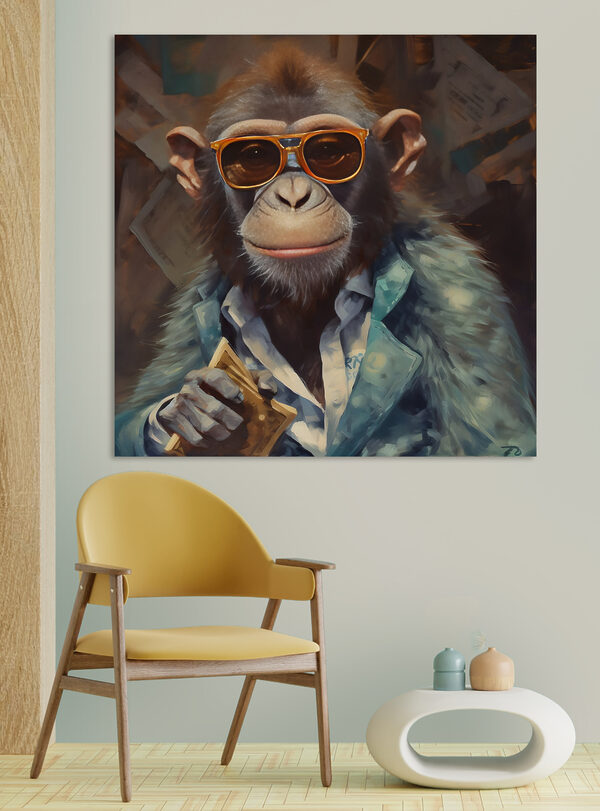 Chimpanzé portant des lunettes de soleil et tenant une carte Tableaux Chimpanzé portant des lunettes de soleil et tenant une carte