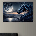 Tableaux Dragon bleu avec cornes et lune en arrière-plan
