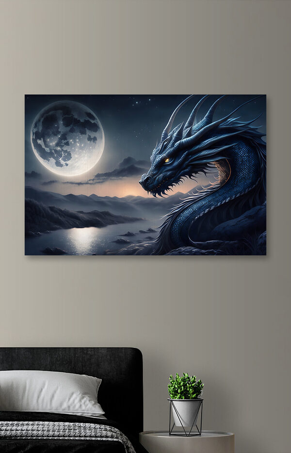 Dragon bleu avec cornes et lune en arrière-plan Tableaux Dragon bleu avec cornes et lune en arrière-plan