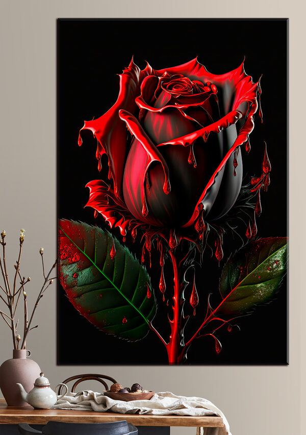 Rose rouge aux pétales sombres et ruisselants Tableaux Rose rouge aux pétales sombres et ruisselants