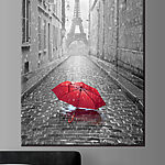 Tableaux Parapluie rouge dans une rue humide de Paris.