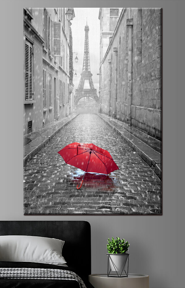 Parapluie rouge dans une rue humide de Paris Tableaux Parapluie rouge dans une rue humide de Paris