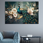 Tableaux Paon majestueux au milieu d'élégantes fleurs.