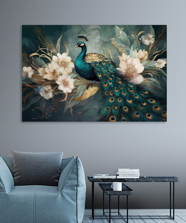 Paon majestueux au milieu d'élégantes fleurs Tableaux Paon majestueux au milieu d'élégantes fleurs