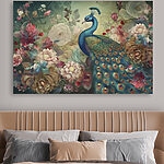 Tableaux Paon élégant parmi des fleurs éclatantes.