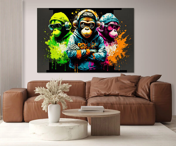 Groupe de singes portant des écouteurs et des sweats à capuche Tableaux Groupe de singes portant des écouteurs et des sweats à capuche