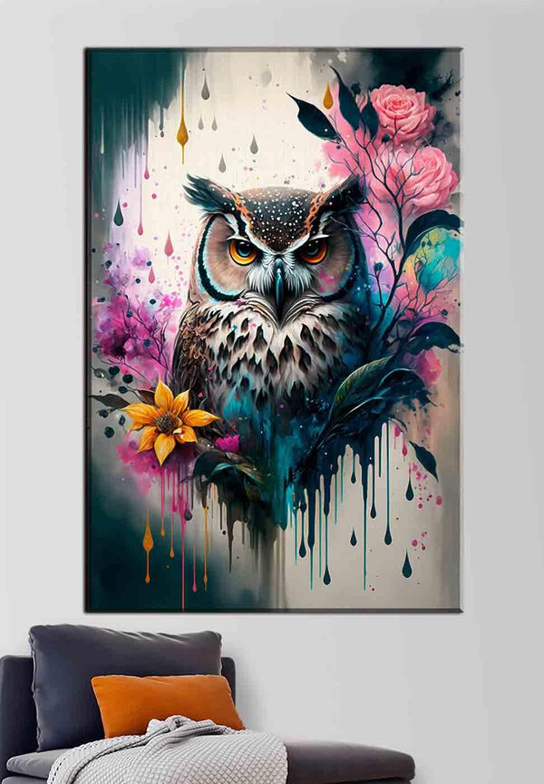 Hibou vibrant entouré de fleurs vives Tableaux Hibou vibrant entouré de fleurs vives