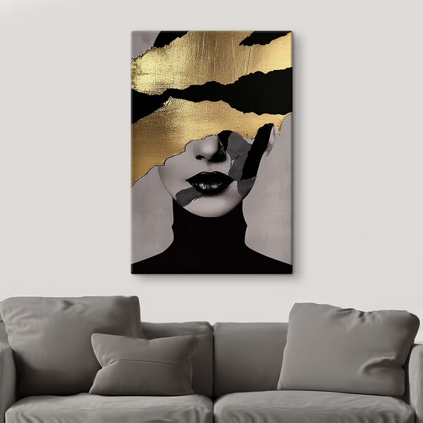 Visage abstrait doré aux lèvres noires Tableaux Visage abstrait doré aux lèvres noires