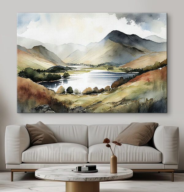 Aquarelle d'un lac entouré de montagnes Tableaux Aquarelle d'un lac entouré de montagnes