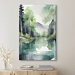 Tableaux Aquarelle d'un lac entouré d'arbres et de montagnes