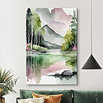 Tableaux Aquarelle d'un lac avec des arbres et des montagnes en arrière-plan
