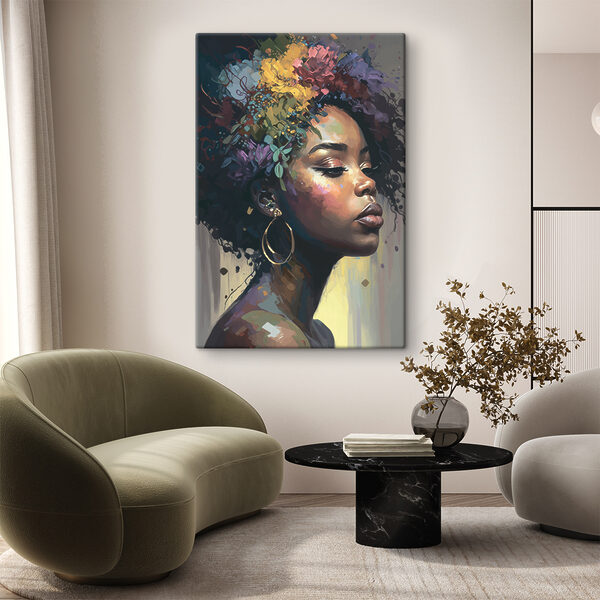 Des fleurs éclatantes couronnent un portrait serein Tableaux Des fleurs éclatantes couronnent un portrait serein