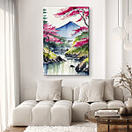 Tableaux Aquarelle d'une montagne et d'arbres avec des fleurs roses
