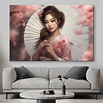 Tableaux Femme avec un parasol parmi des fleurs.