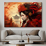 Tableaux Femme aux cheveux longs avec des fleurs rouges dans les cheveux