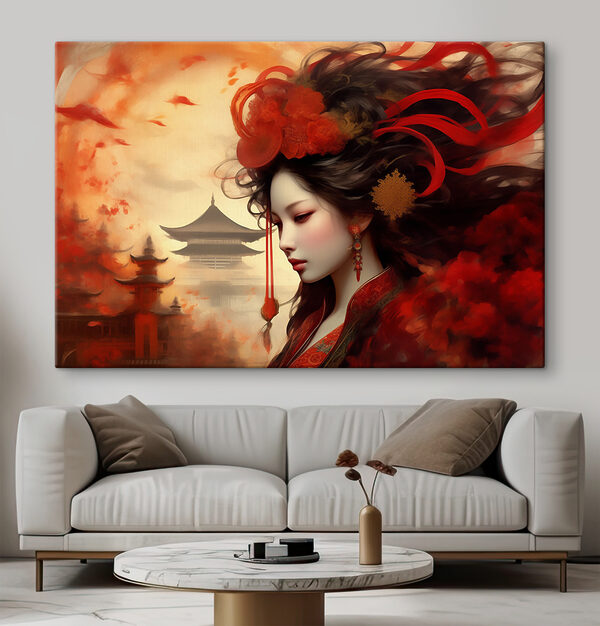 Femme aux cheveux longs avec des fleurs rouges dans les cheveux Tableaux Femme aux cheveux longs avec des fleurs rouges dans les cheveux