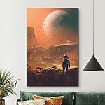 Tableaux Un astronaute examine un paysage extraterrestre futuriste.