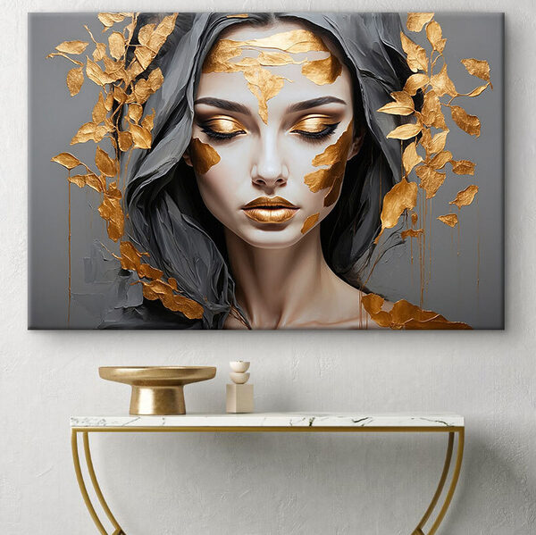 Des feuilles dorées encadrent un visage serein Tableaux Des feuilles dorées encadrent un visage serein
