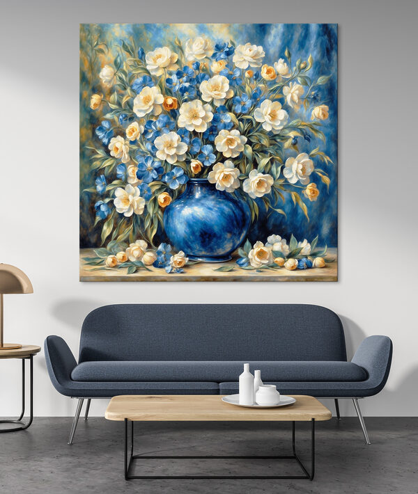 Vase bleu avec des fleurs épanouies Tableaux Vase bleu avec des fleurs épanouies