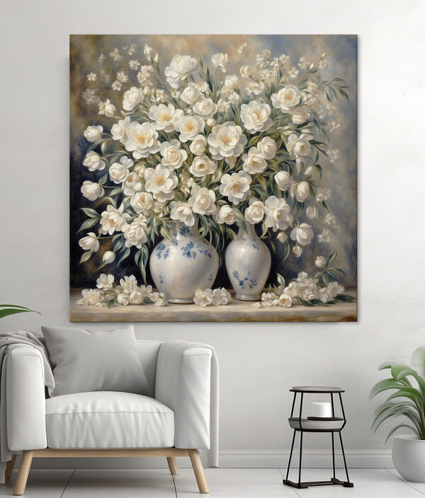 Fleurs blanches dans d'élégants vases bleus Tableaux Fleurs blanches dans d'élégants vases bleus