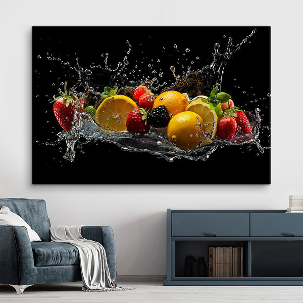 Tableaux Tableaux Éclaboussures de fruits dans un mouvement vibrant. (UGS : s37044)