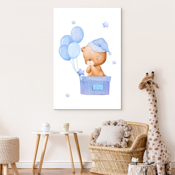Ours en peluche dans une boîte avec des ballons Tableaux Ours en peluche dans une boîte avec des ballons