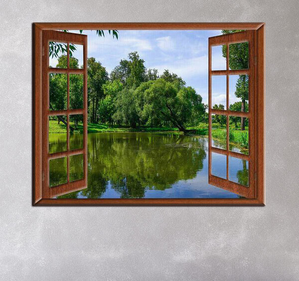 Vue d'un étang à travers une fenêtre Tableaux Vue d'un étang à travers une fenêtre